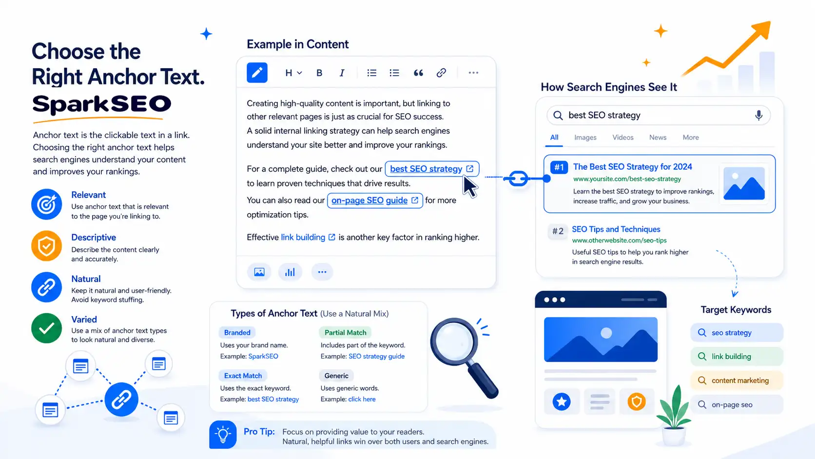 Anchor text best practices showing relevant, descriptive, natural, and varied internal links in SEO content