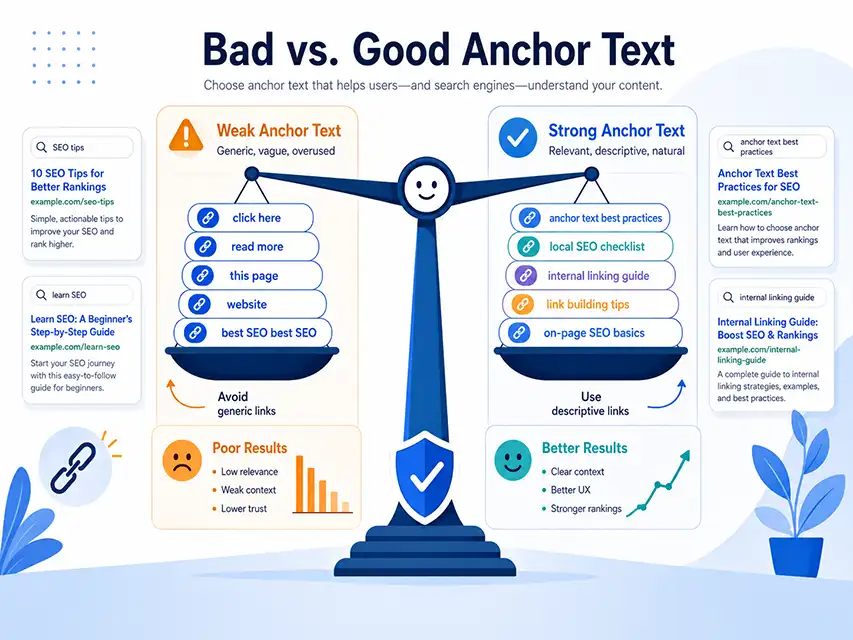 Bad vs good anchor text comparison showing weak generic links and strong descriptive SEO anchor text examples