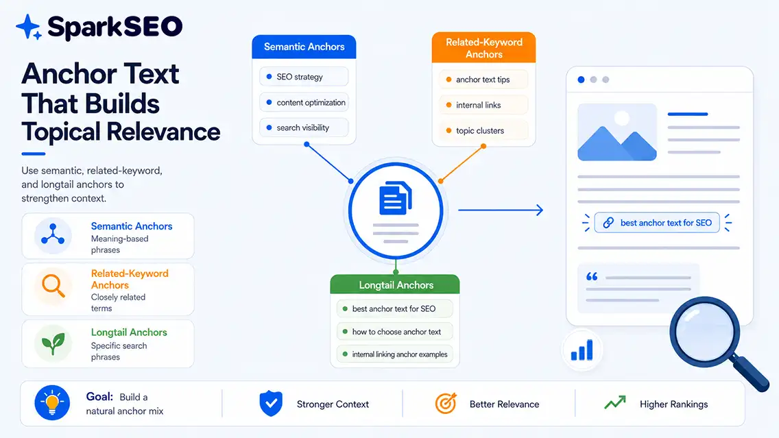 Semantic and long-tail anchor text strategy showing topical relevance, related keywords, and SEO context building
