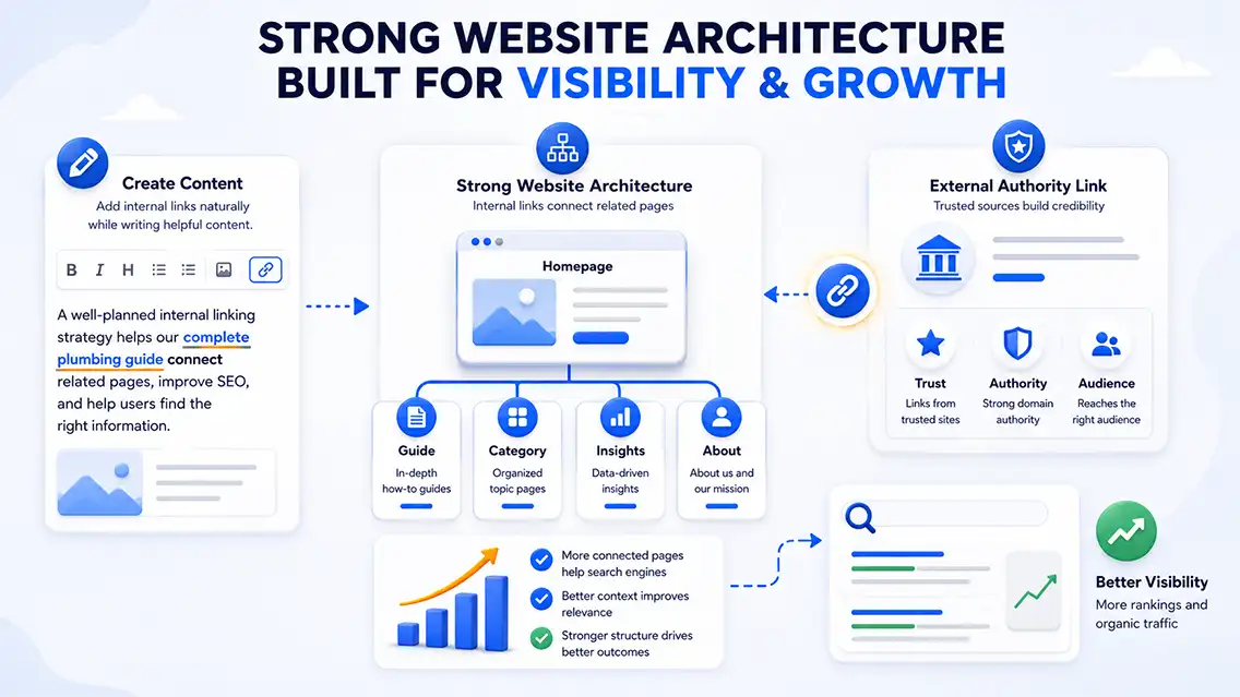 Website architecture and SEO authority illustration showing internal linking, external authority links, and visibility growth