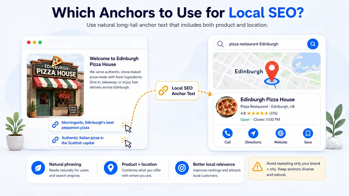 Local SEO anchor text examples showing natural long-tail links with product and location keywords for a pizza business