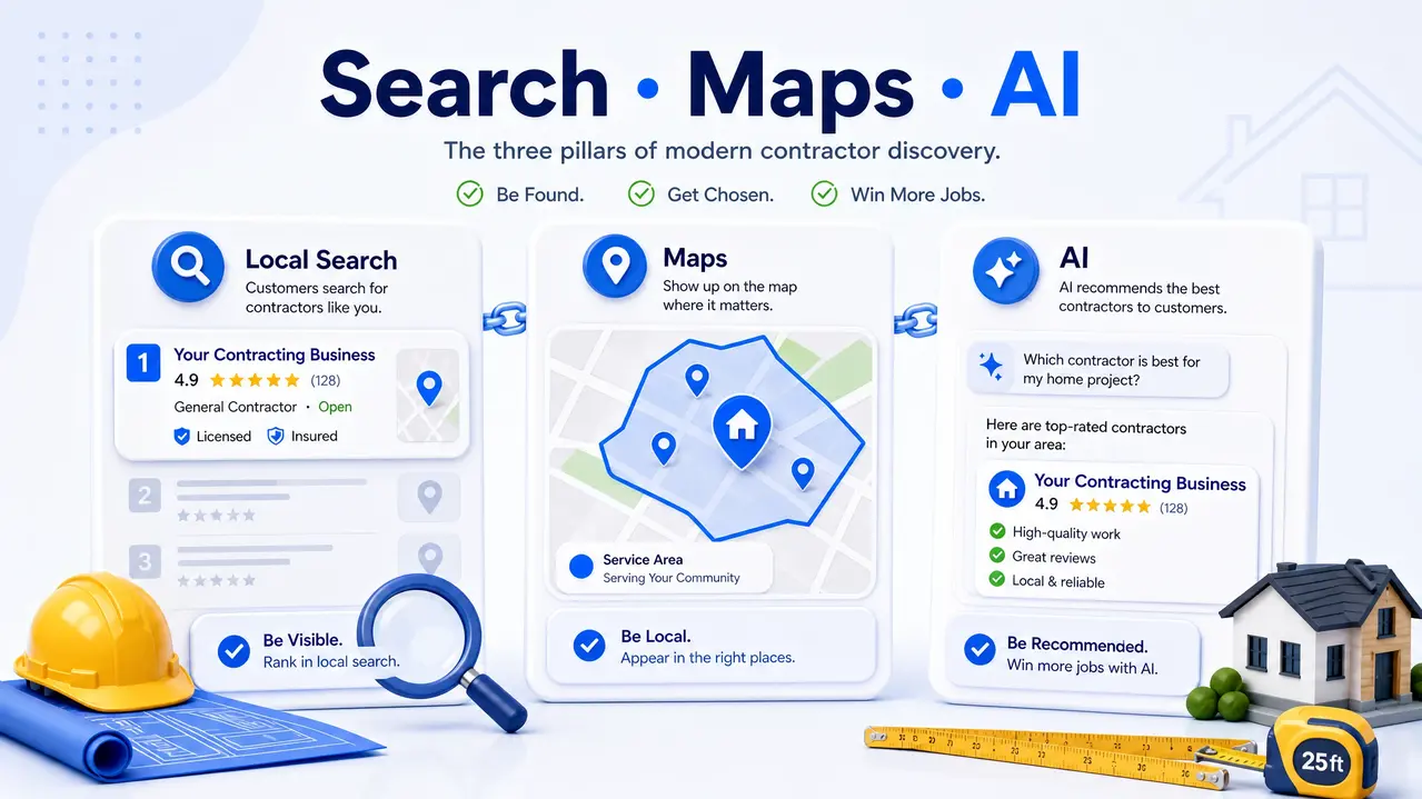 Contractor SEO strategy showing local search, Google Maps visibility, and AI recommendations as key discovery channels
