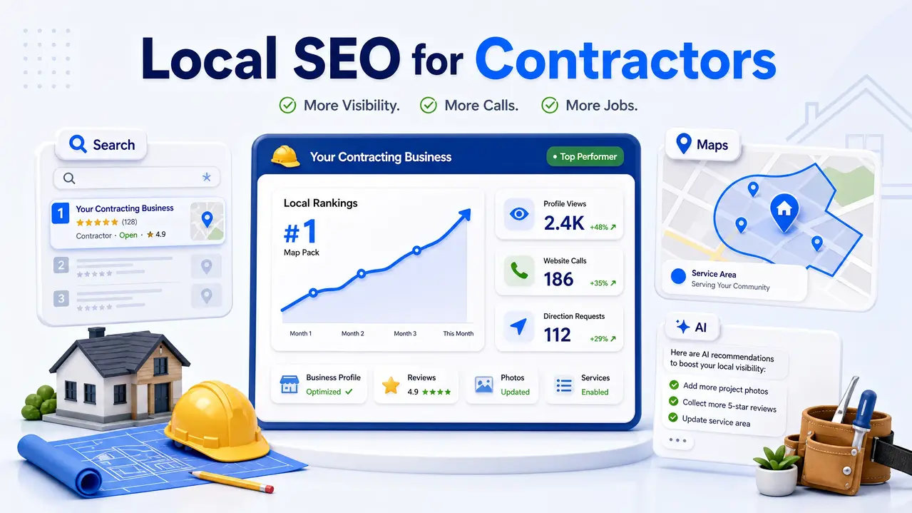 Plumbing SEO guide illustration with plumber search results, map pins, wrench, and SEO magnifying glass