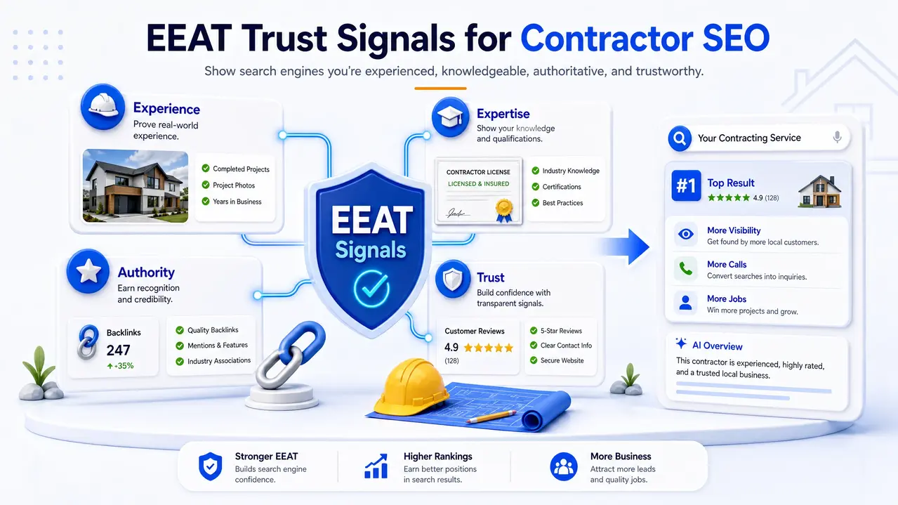 E-E-A-T trust signals for contractor SEO showing experience, expertise, authority, reviews, licenses, and top local search results