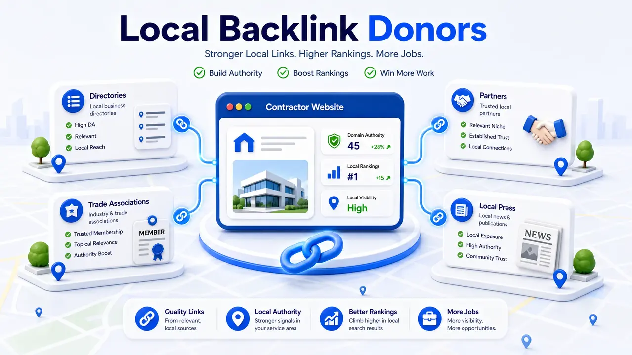 Local backlink donors for contractors showing directories, trade associations, partners, local press, and authority links
