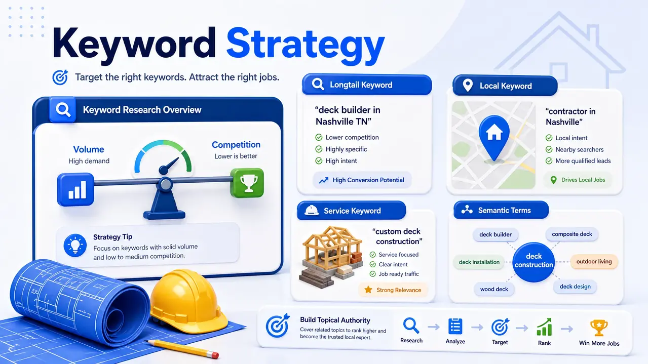 Contractor keyword strategy showing long-tail keywords, local keywords, service keywords, semantic terms, search volume, and competition