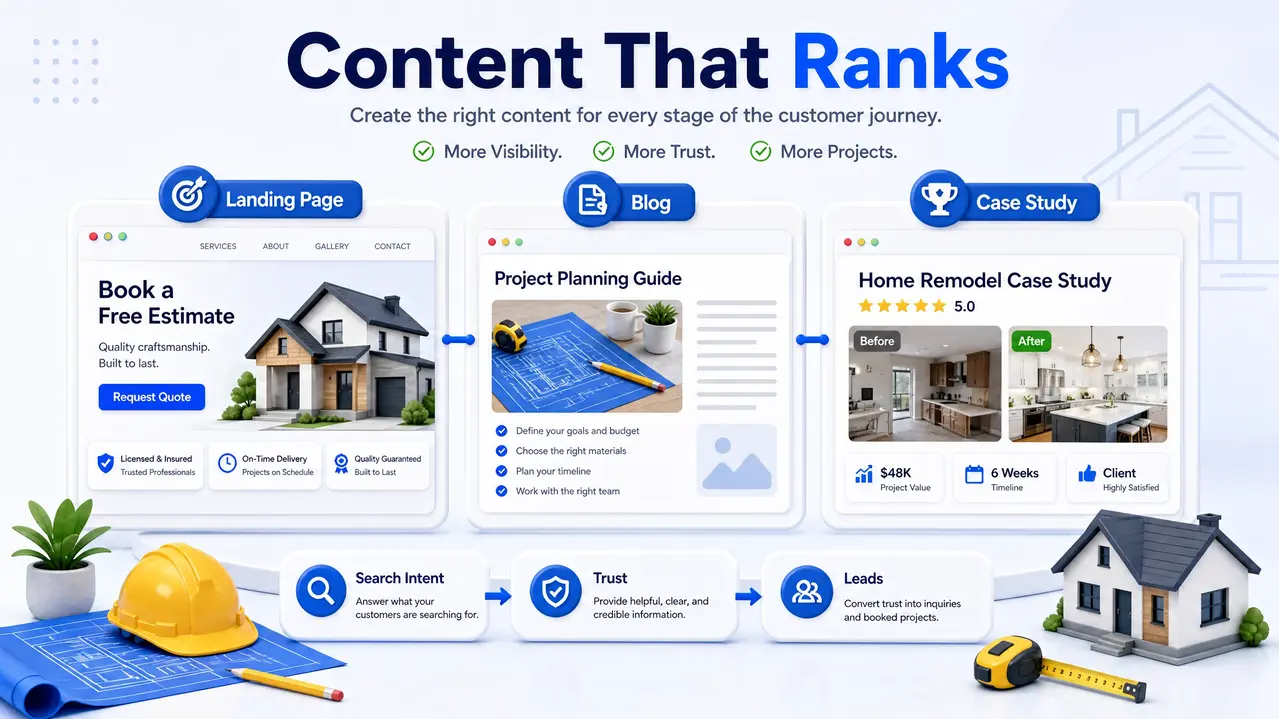 Contractor SEO content types showing landing page, blog guide, and case study content for search intent, trust, and leads