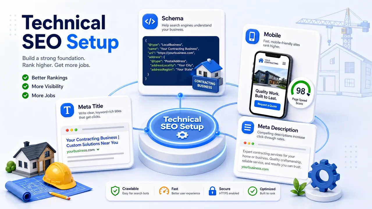 Technical SEO setup for contractor websites showing schema markup, mobile optimization, meta title, meta description, crawlability, speed, and security