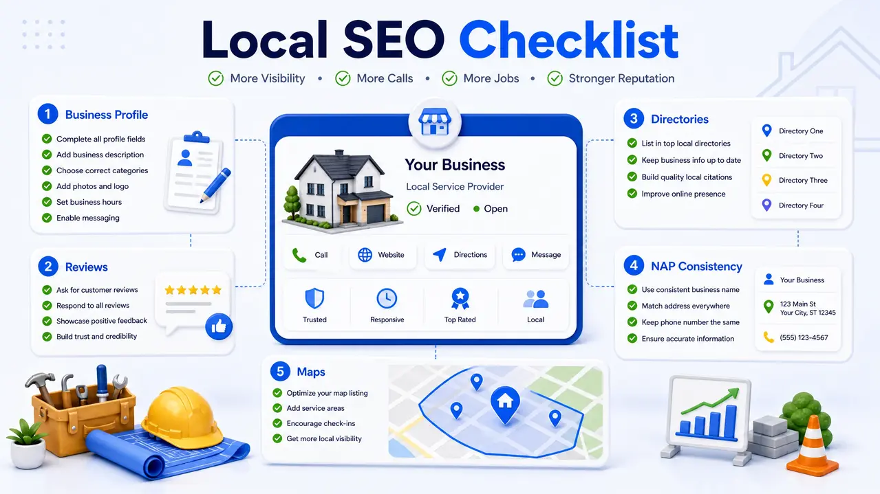 Local SEO checklist for contractors showing Google Business Profile, reviews, directories, NAP consistency, and map optimization