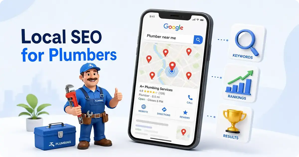 Local SEO for plumbers with plumber character, toolbox, and phone showing plumber search results and icons.