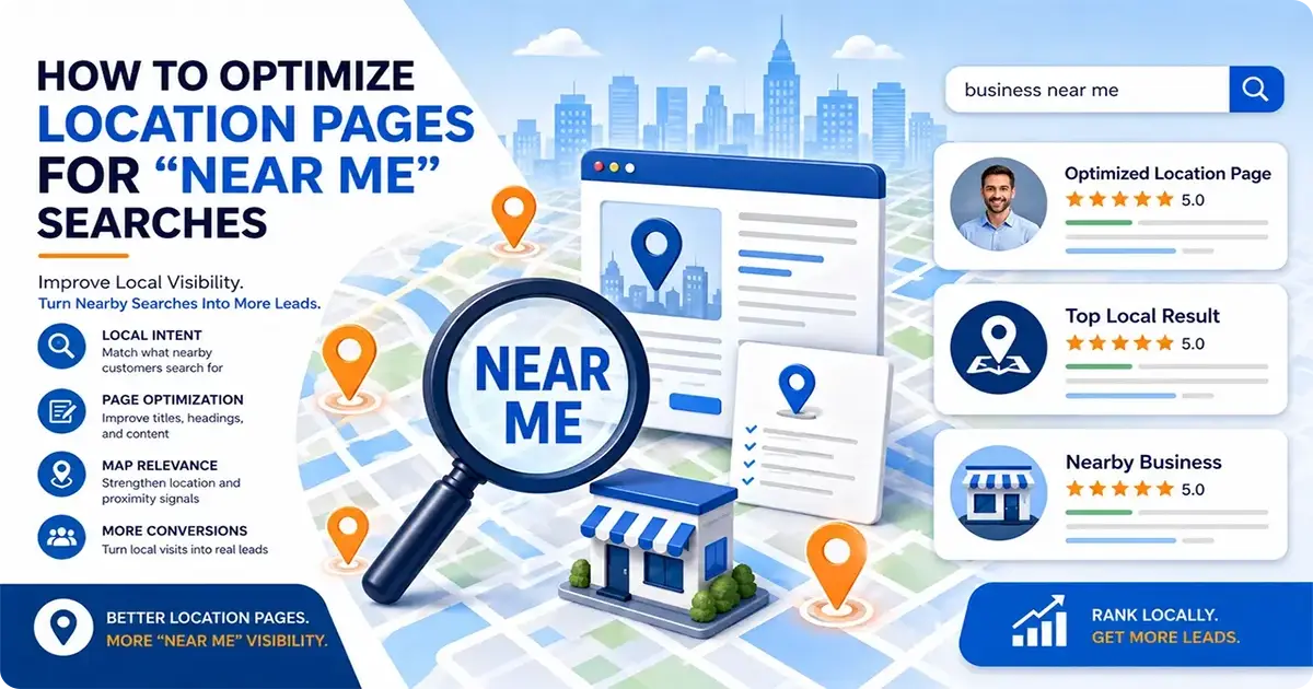 Graphic explaining how to optimize location pages for near me searches to boost local visibility and leads.