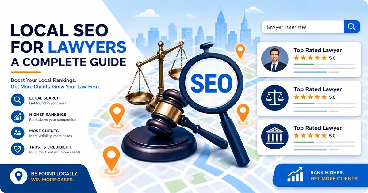 Illustration of local SEO for lawyers showing a gavel, scale, map pins, and top rated lawyer search results.