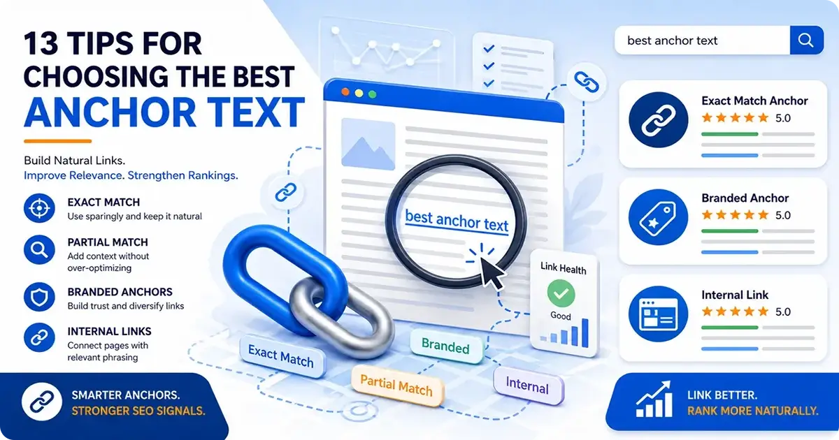 Infographic showing 13 tips for choosing the best anchor text for SEO with examples and link health.