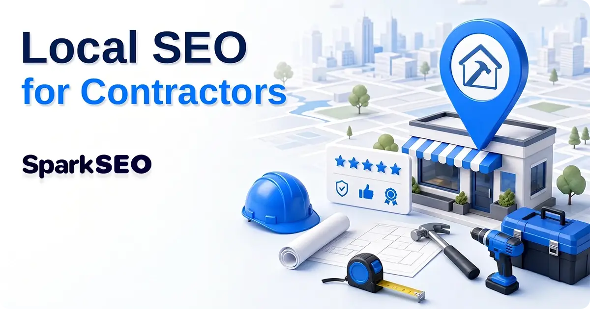 Local SEO for contractors text with tools, blueprint, hard hat, and building with location pin icon.
