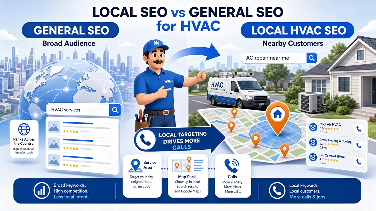 HVAC SEO guide hero image showing HVAC technician, local search results, map pins, and call leads