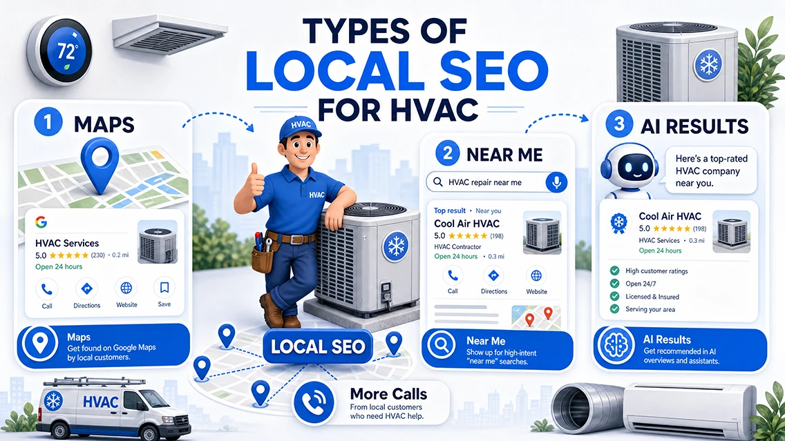 Local SEO vs general SEO for HVAC companies showing nearby customers, map pack visibility, and service area targeting