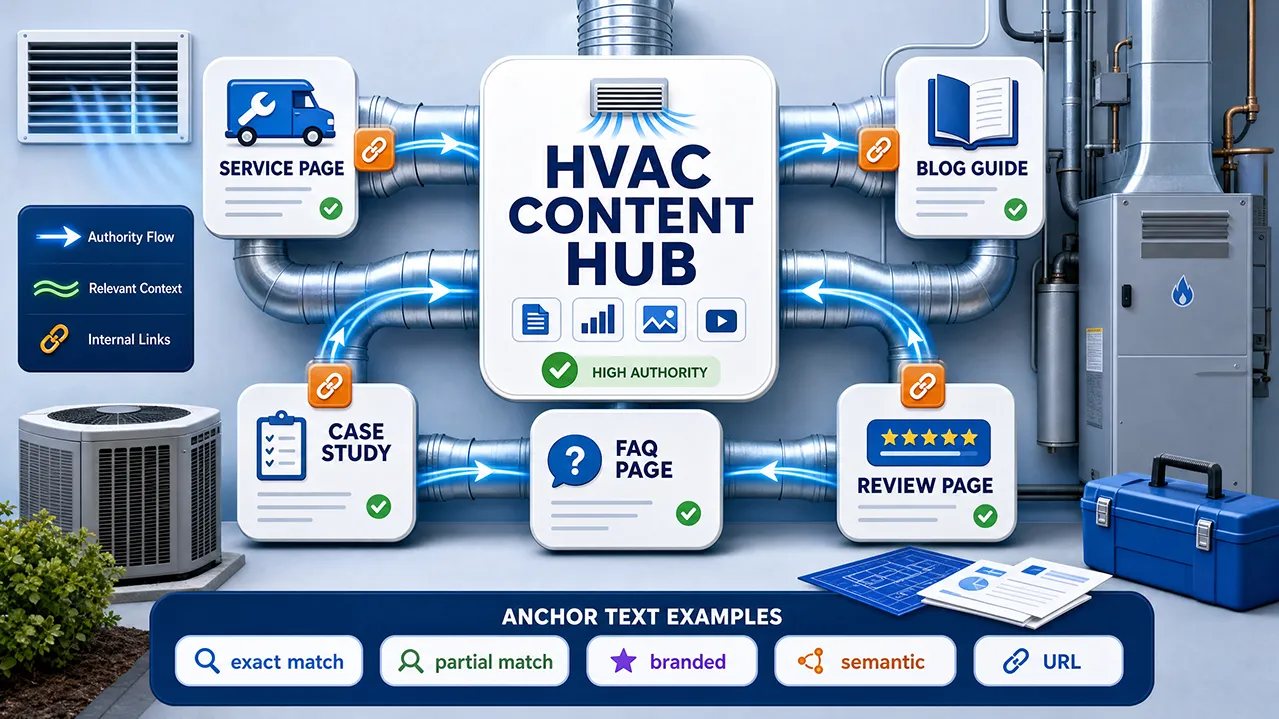 HVAC content hub illustration showing service pages, blog guides, case studies, FAQ pages, review pages, and internal linking strategy