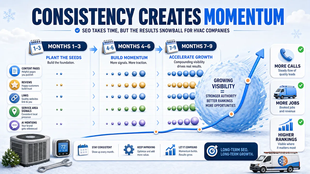 HVAC SEO timeline illustration showing how consistent content, reviews, links, service area signals, and AI mentions build rankings over 9 months