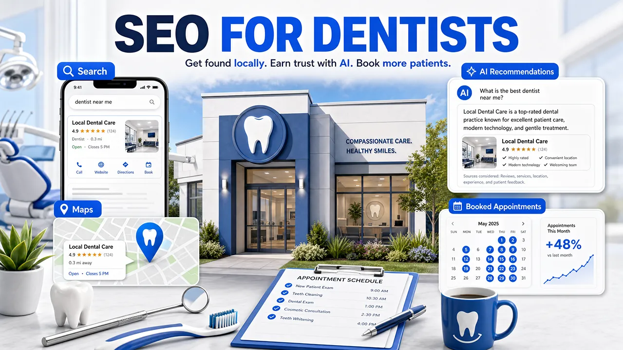 SEO for dentists open graph illustration with dental marketing and search optimization elements