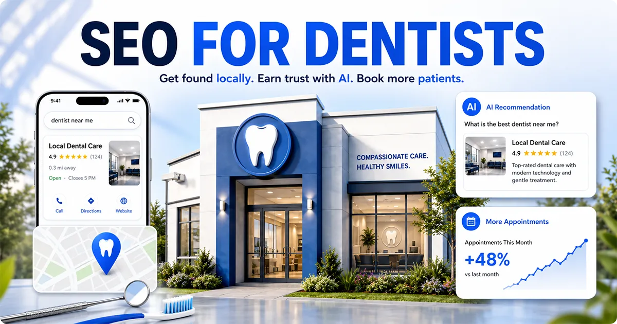 SEO for dentists guide open graph image with dental marketing and search optimization visuals