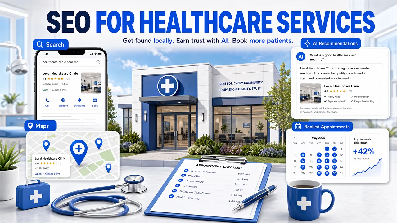 Plumbing SEO guide illustration with plumber search results, map pins, wrench, and SEO magnifying glass