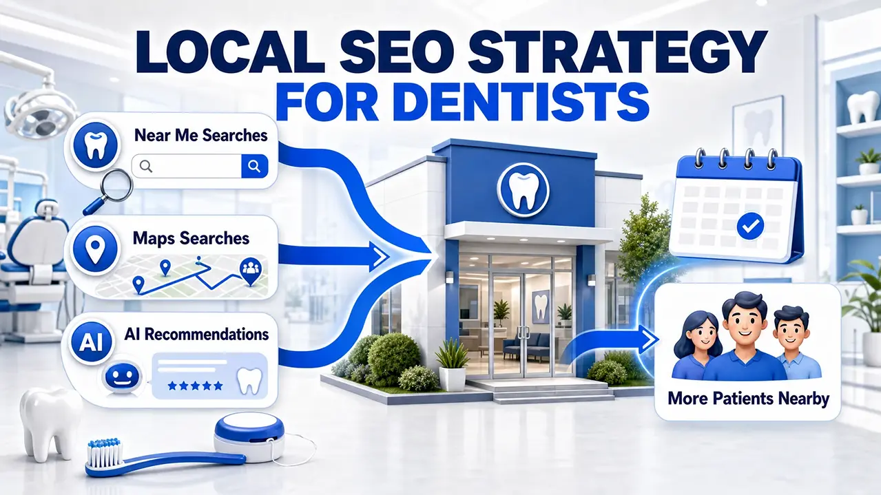 Dentist SEO strategy illustration showing marketing channels for improving dental practice search visibility