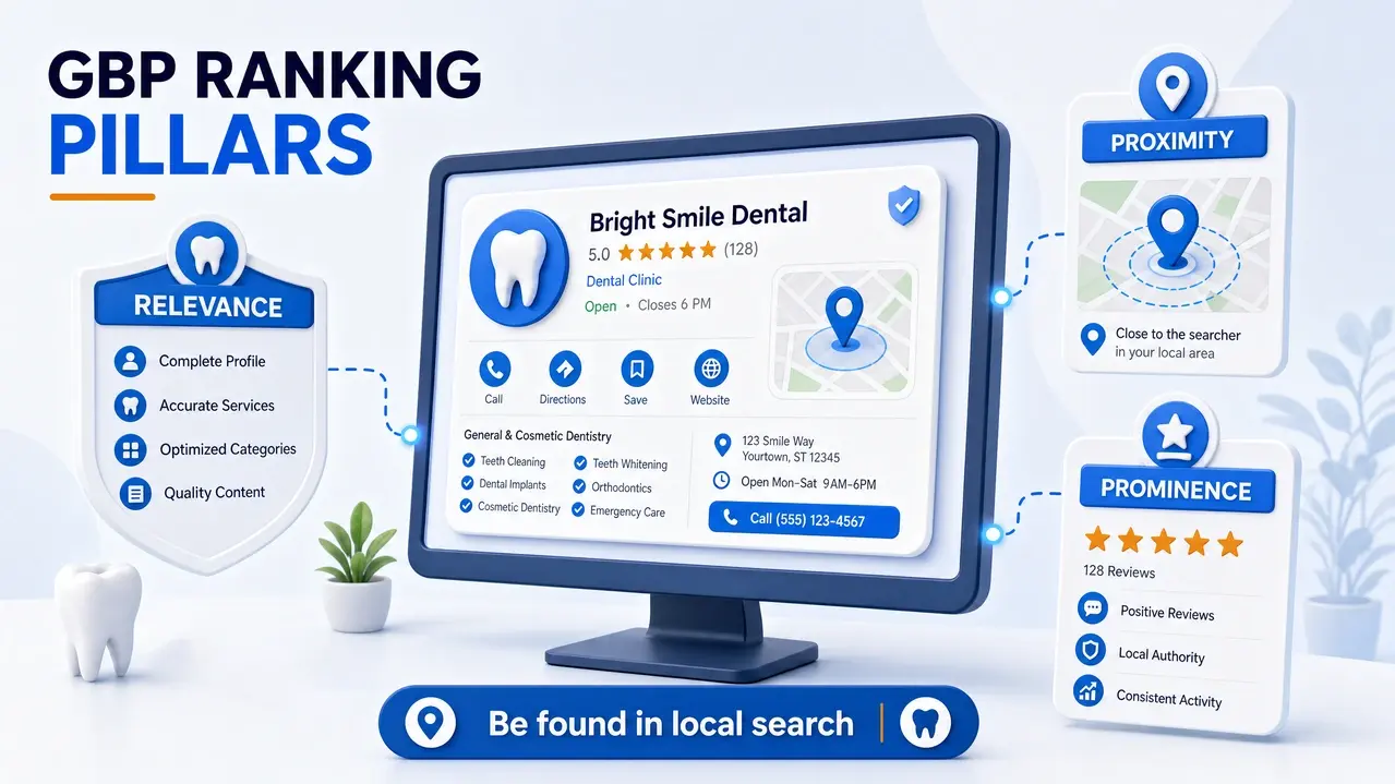 Google Business Profile three pillars illustration for dental SEO: proximity, relevance, and prominence