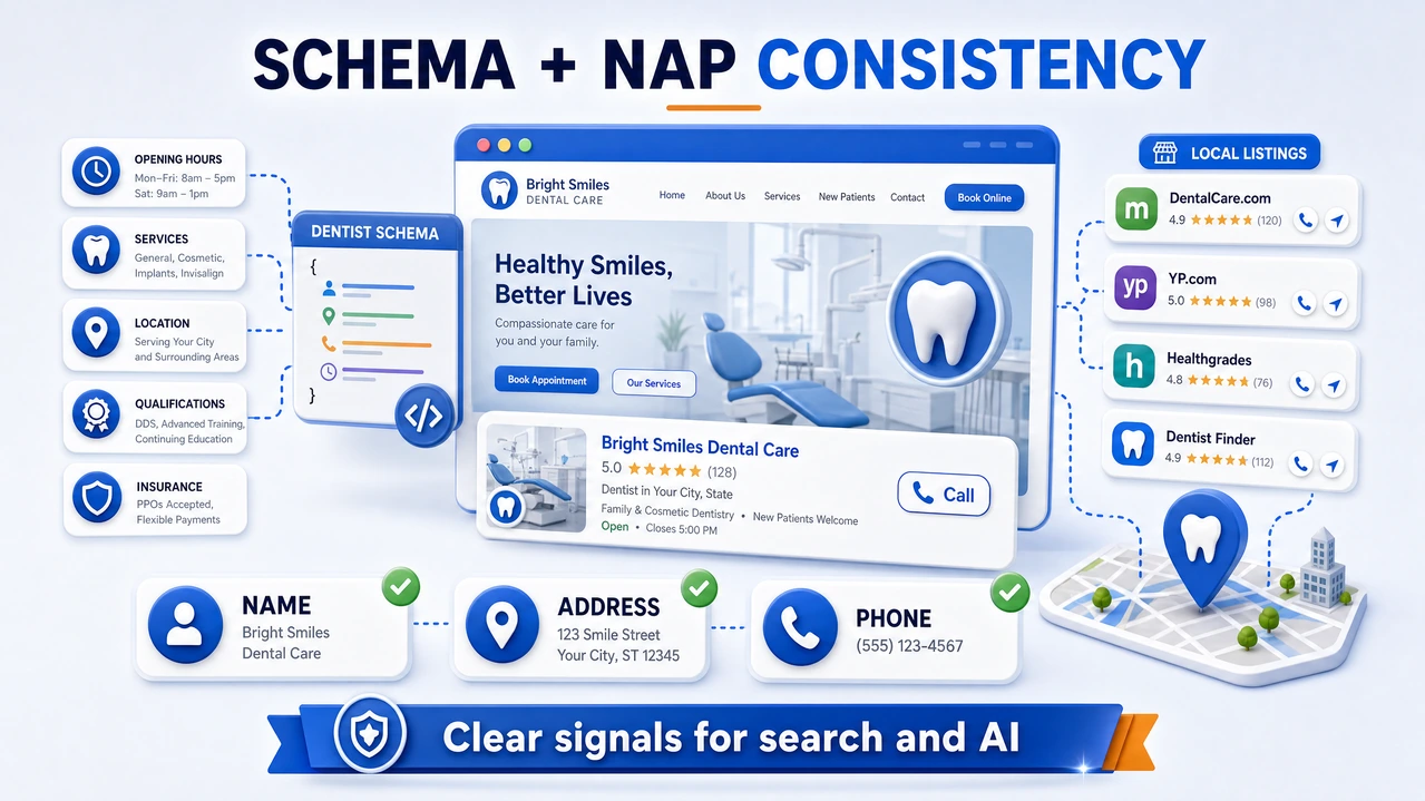 Dental SEO illustration showing schema markup, NAP consistency, and local listings for stronger local search visibility