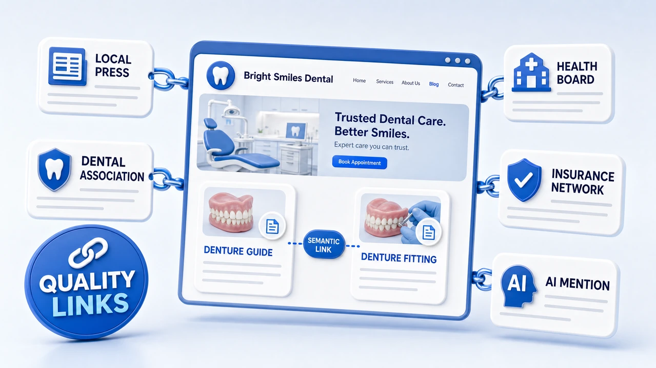 Dental SEO illustration showing backlinks, authority signals, and AI search visibility for stronger organic rankings