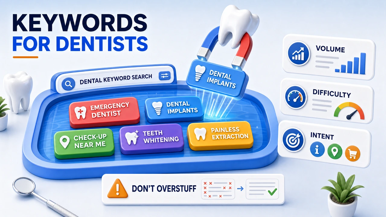 Dental SEO keyword research illustration showing search terms for dentists and dental practice visibility in Google