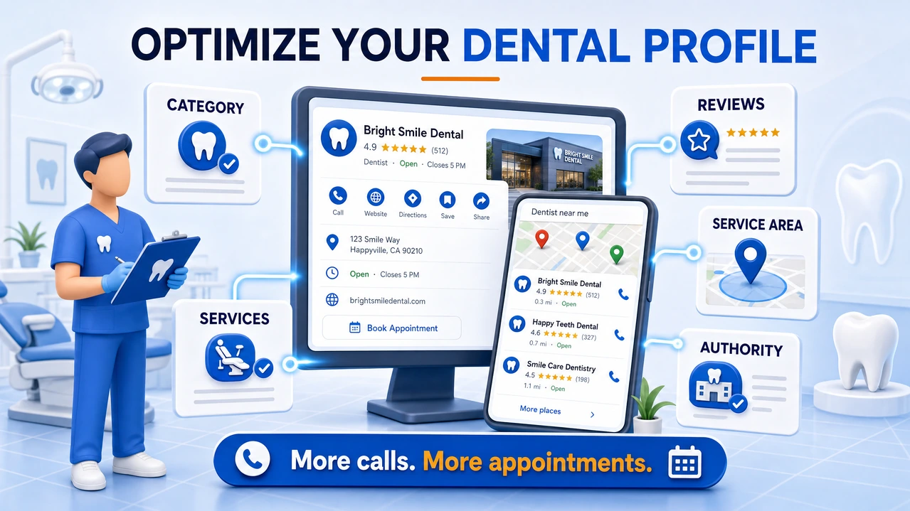 Google Business Profile optimization illustration for improving dental clinic visibility in local map pack search results