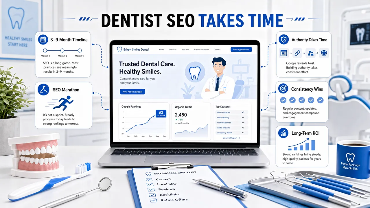 Common dental SEO problems illustration showing visibility issues, ranking drops, and website optimization errors for dentists