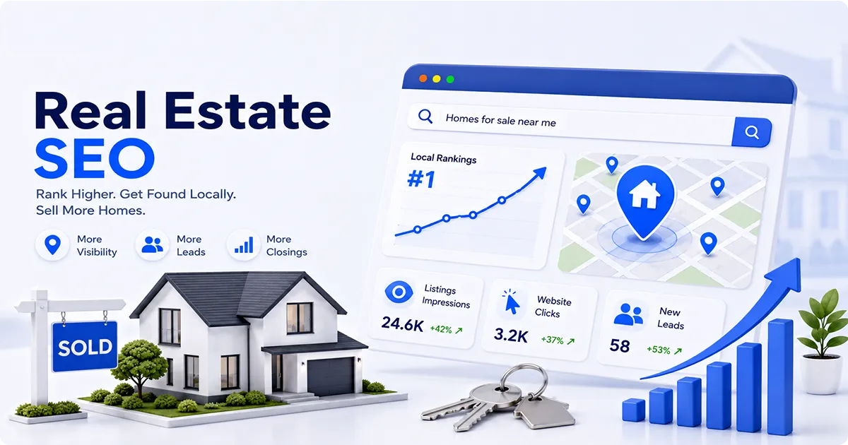 Real estate SEO open graph image showing local rankings, map visibility, leads, and business growth dashboard.