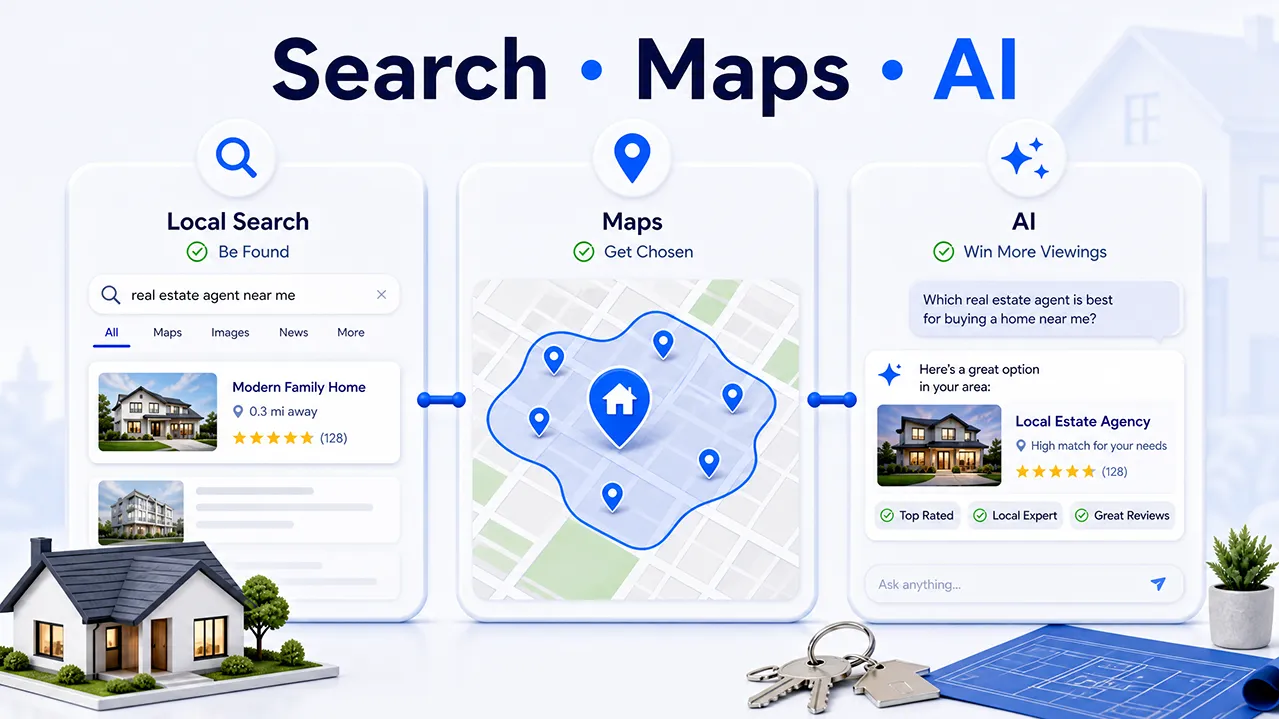 Real estate SEO strategy connecting local search, Google Maps, and AI recommendations