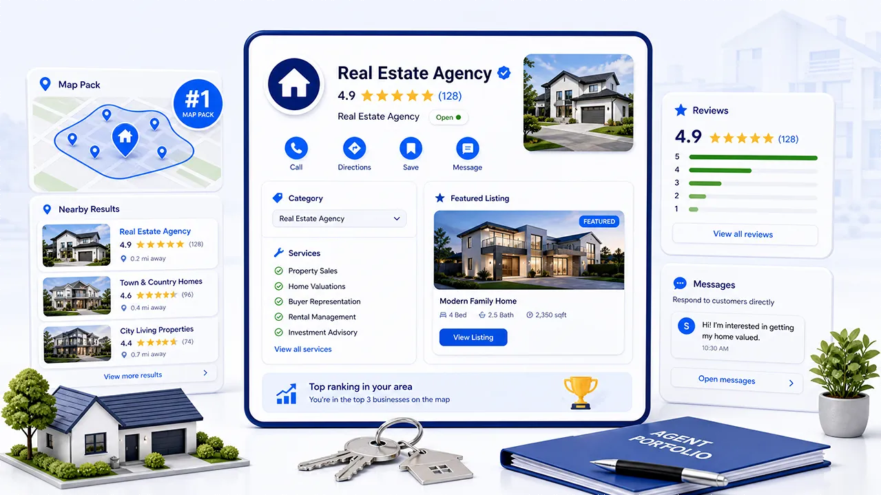 Google Business Profile optimization for a real estate agency with reviews, listings, and map pack visibility