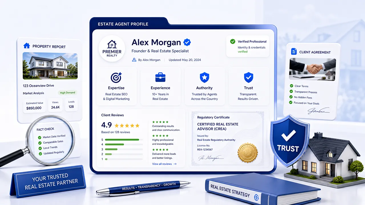 Real estate E-E-A-T trust signals with agent profile, reviews, credentials, and verified business details