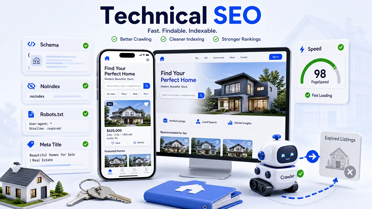 Technical SEO for real estate websites with schema, indexation, robots.txt, and page speed optimization