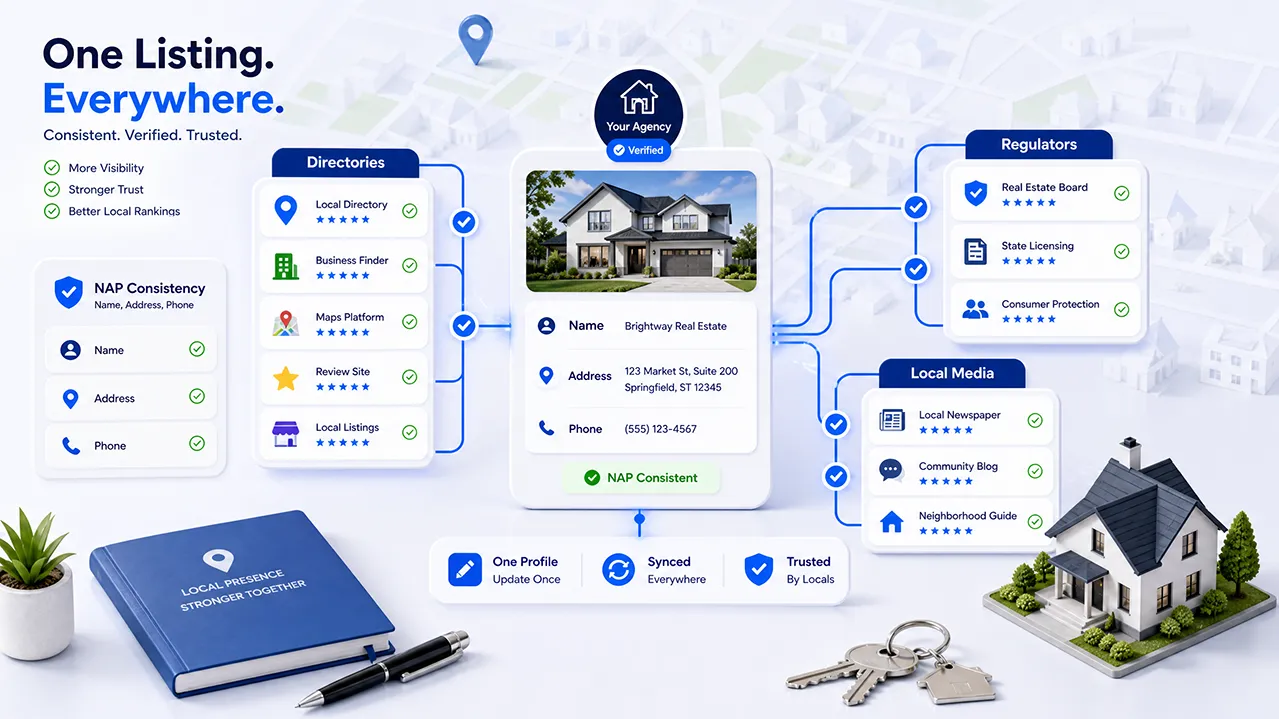 Local listing consistency for real estate agencies across directories, maps, regulators, and local media