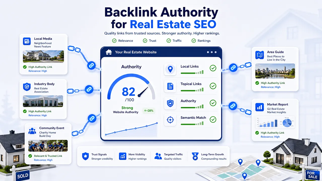 Real estate backlink authority strategy with local links, industry links, and market report citations