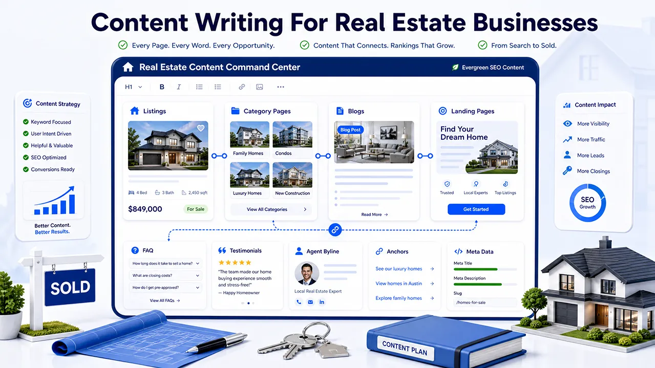 Content writing strategy for real estate businesses with listings, blogs, landing pages, FAQs, and metadata