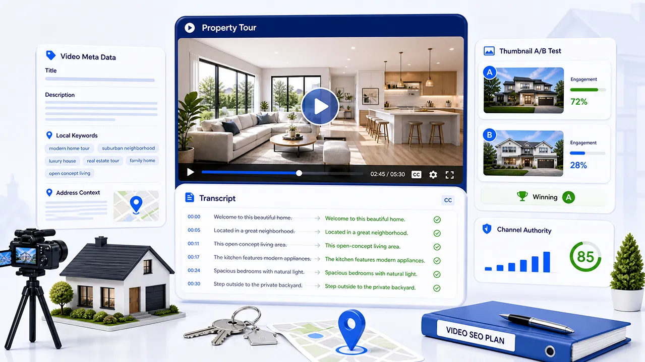 Video SEO for real estate companies with property tours, transcripts, metadata, and thumbnail testing