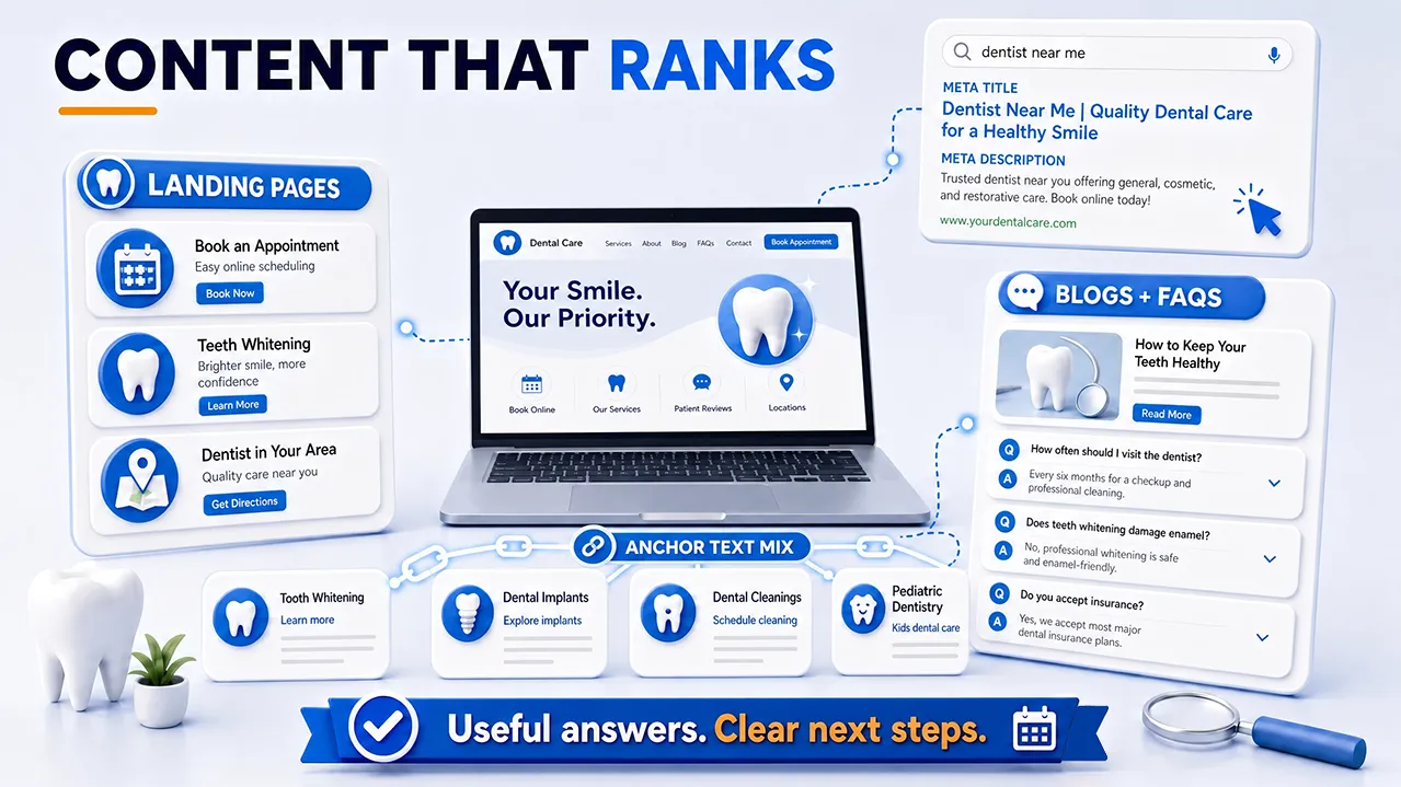 Diagram showing dental content strategy with landing pages, anchor text, blogs, and FAQs for SEO ranking.