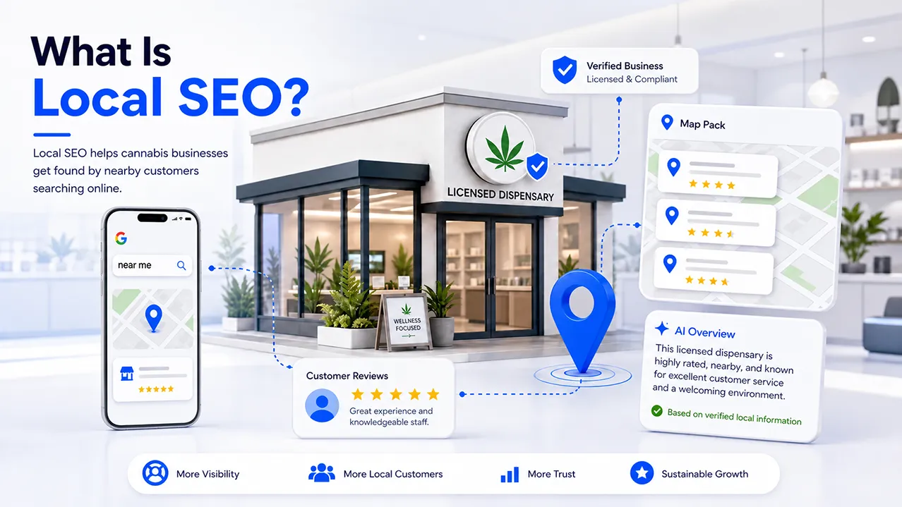 Local SEO for cannabis businesses with dispensary, near me search, map pack, reviews, and AI Overview