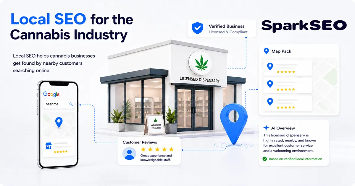 Local SEO for cannabis businesses with SparkSEO, licensed dispensary, Google near me search, map pack results, reviews, and AI Overview.