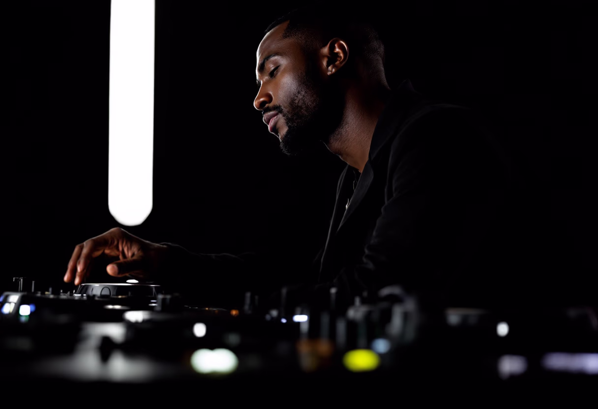 music producer lost in thought while working