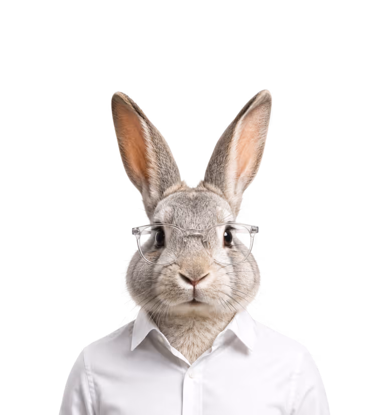 Rabbit wearing glasses and a white dress shirt against a black background.