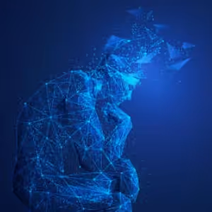 Digital wireframe figure resembling Rodin's The Thinker in glowing blue on dark background.