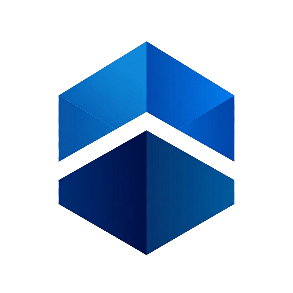 Abstract 3D geometric shape composed of two blue hexagonal prisms stacked vertically on a blue gradient background.