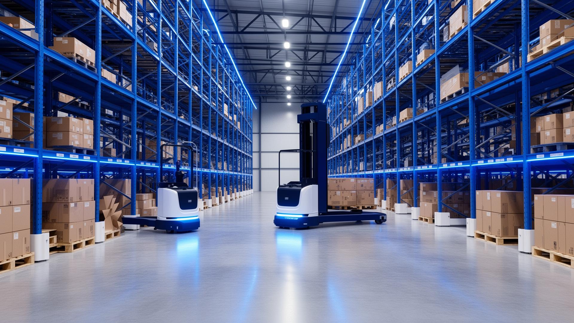 Spacious warehouse with tall blue metal shelving filled with cardboard boxes and two automated forklifts on the polished concrete floor.
