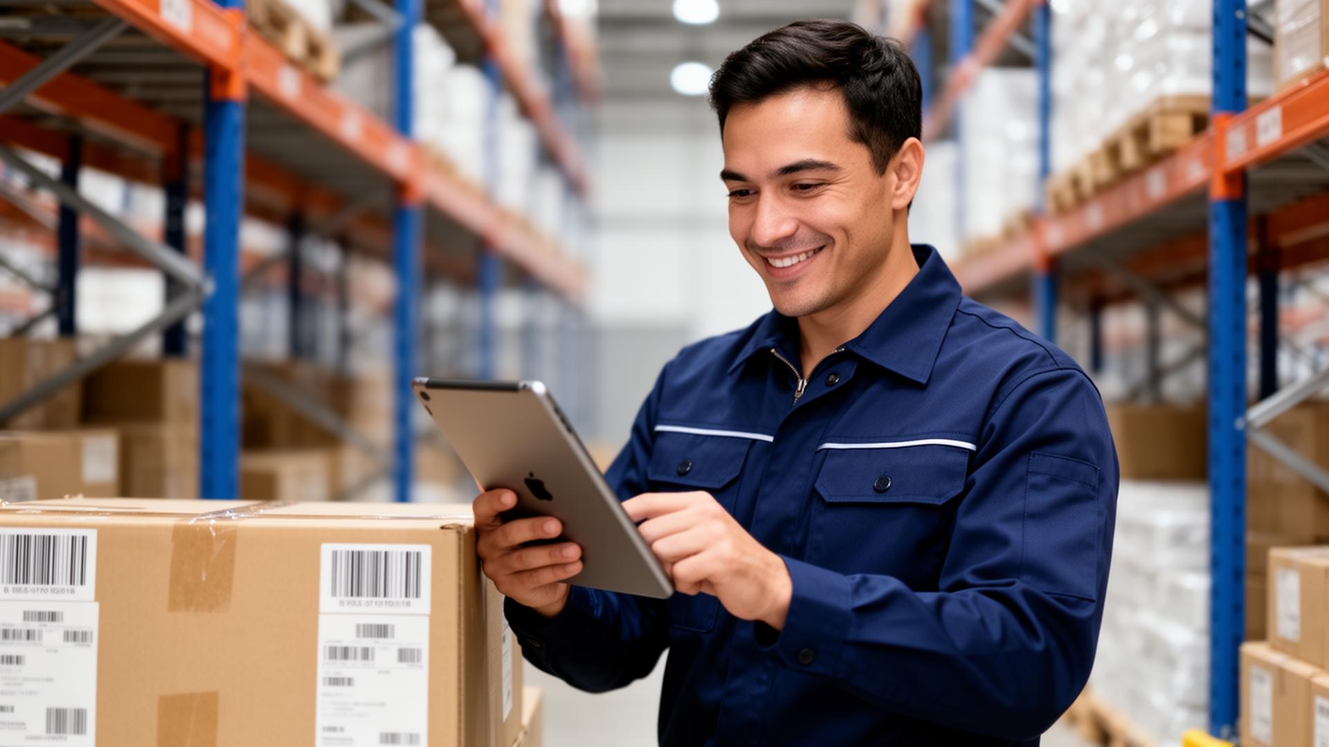 Warehouse worker smiling and using a tablet for inventory management next to stacked boxes with barcodes.